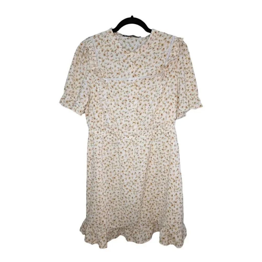 Allegra K off White Floral Printed Ruffle Dress Women's Size Large